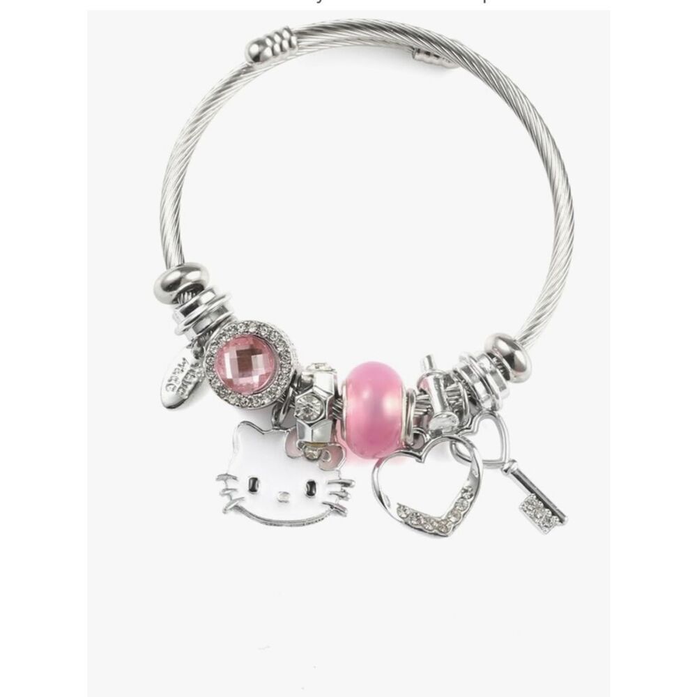 Silver-Tone Pink Charm Bracelet with Cat and Heart Pendants